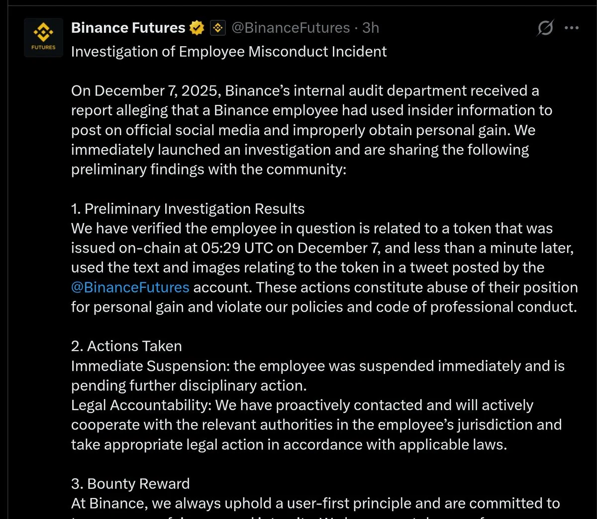 Binance’s employee front-running incident — original source image
