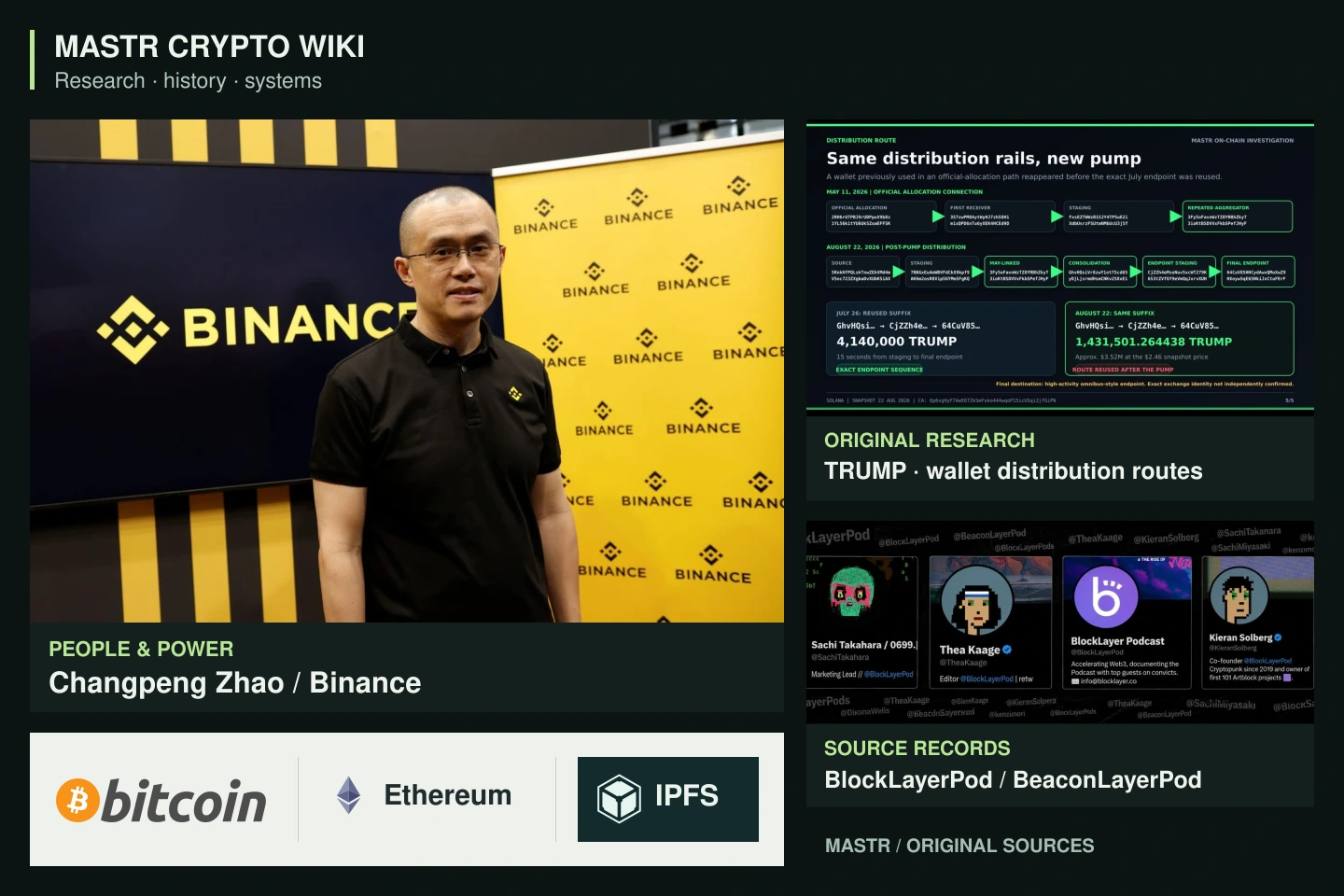 Editorial composition: Changpeng Zhao at Binance, original TRUMP wallet-flow analysis, podcast-profile evidence, and official Bitcoin, Ethereum and IPFS logos.